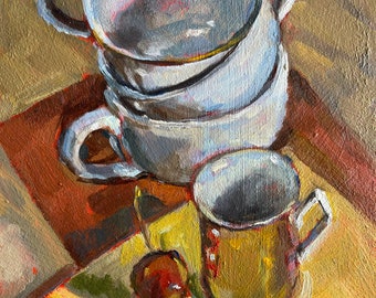 Cherry & Cups Still Life Oil Painting: Impressionistic Kitchen Art, 6x6