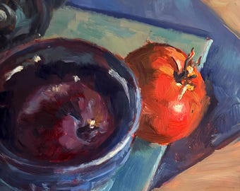 Tomato Still Life Oil Painting, Small Kitchen Wall Art (6"x6")