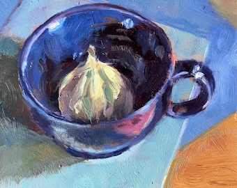 Fig Still Life Oil Painting, Tiger Fig in blue cup (6" X 6") Marilyn Eger