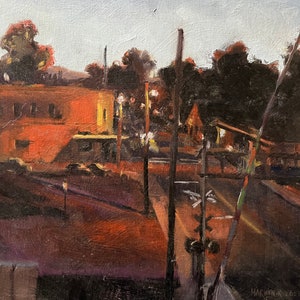 Lodi oil painting, Lodi Railroad tracks, all original oil California landscape, nocturne landscape, impressionistic, 11 X 14&quot; Marilyn Eger