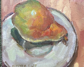 Original Oil Painting: Pear Still Life, Impressionistic Art (6" X 6")on wrap stretched canvas