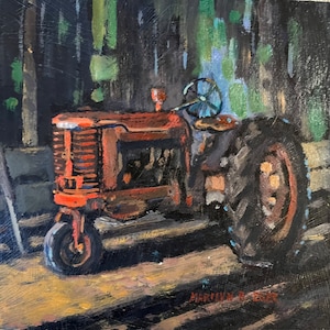 Original oil painting, Farmall Tractor 5, Lodi farm barn, tractor painting, oil paint rural landscape,  Marilyn Eger 6&quot; X 6&quot;, barn interior