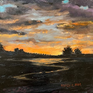 oil painting of sunset, California landscape, impressionism, impressionist art all original oil painting, Marilyn Eger, 6&quot; X 6&quot; Clements,Ca.
