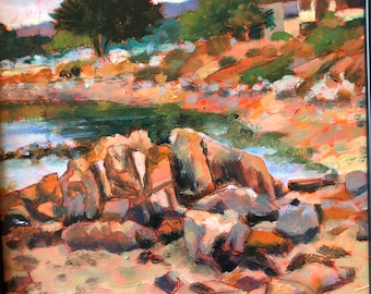 Monterey Bay, painting coastal rock, all original oil painting, impressionistic, water reflections, beach painting, 6" X 6" Marilyn Eger
