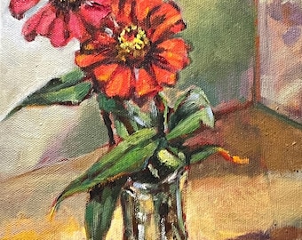 Still Life Floral Oil Painting: 2 Red Zinnias 10”X8” by Marilyn Eger