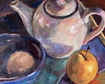 Oil painting, Asian Pear & White Teapot Still Life Oil Painting, impressionistic Original Artwork (6x6) by Marilyn R. Eger kitchen art