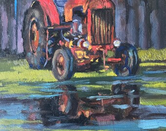 International TD6 Tractor reflection, original oil painting, vintage tractor painting, rural landscape,  Marilyn Eger 6" X 6"