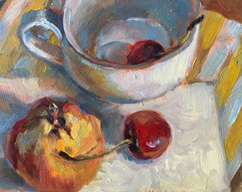Pear, Cherry & Cup still life, all original oil painting, cherries, pears, cups, impressionistic, original art, Marilyn Eger, 6" X 6"