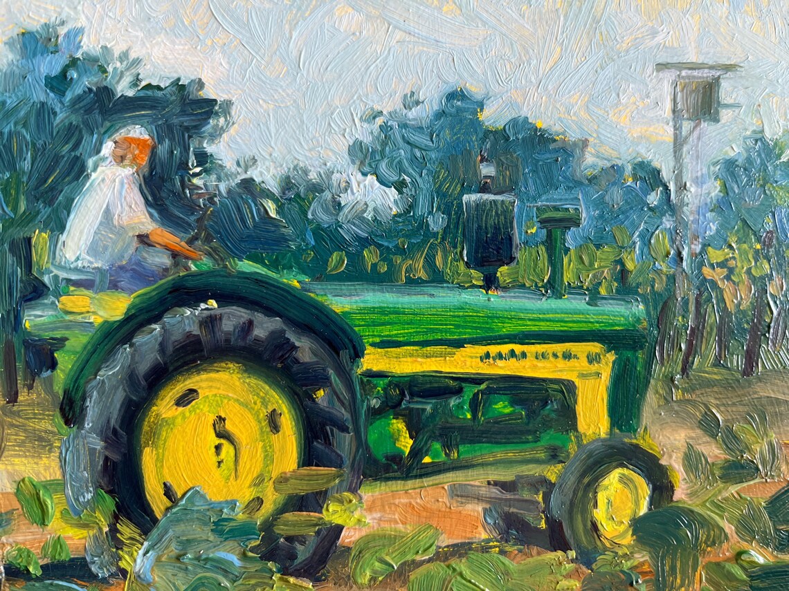 John Deere Tractor, Small Oil Painting Original, All Original Painting, Tractor Painting, Oil
