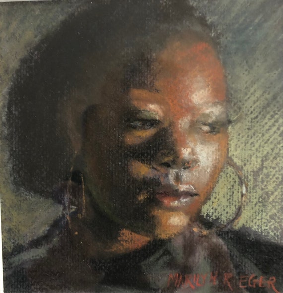 Black Girl Pastel Portrait: Impressionistic Art by Marilyn Eger (5" X 5")