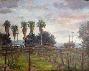 Vineyard and Palms, Oil Painting: Impressionistic Acampo, California winter Landscape 9x12 by Marilyn Eger