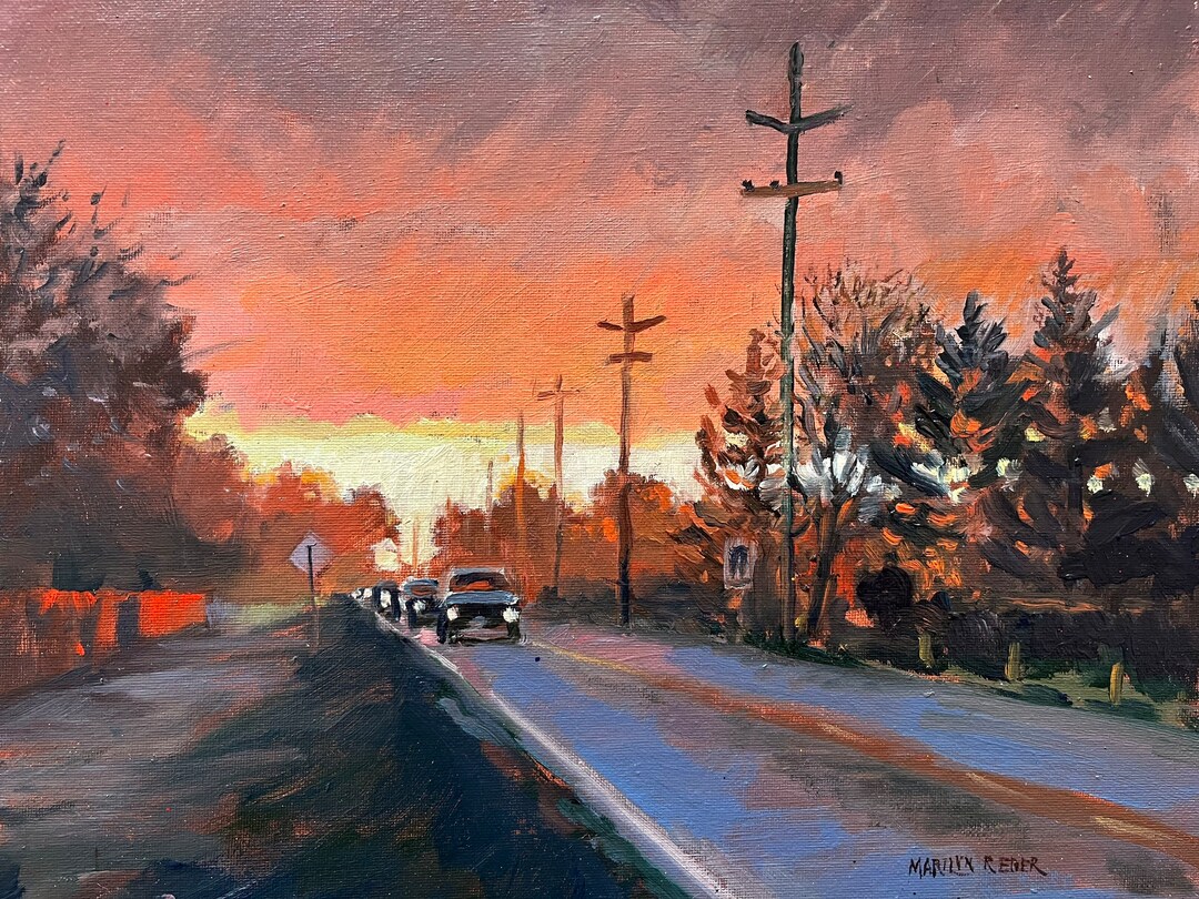 Original Sunrise Oil Painting, Cars at Dawn, Acampo California