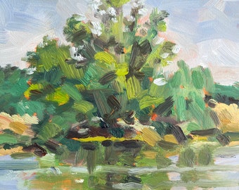 Tree reflection all Original alaprima oil Painting, California landscape, plein aire painting, backyard impressionistic Marilyn Eger 6”x6”