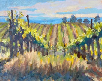 Vineyard Oil Painting: Original Rural Landscape Art, "Corridor" 6" x 6"