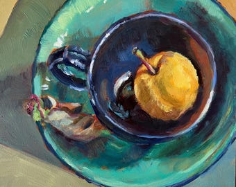 Asian Pear Still Life Oil Painting, Original Artwork (6x6)