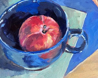 Peach Still Life Oil Painting, Kitchen Wall Art (6" X 6")