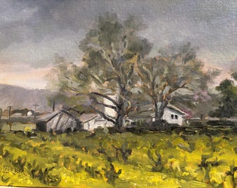 Monochromatic Vineyard Homestead Oil Painting: Impressionistic California Landscape 9x12 by Marilyn Eger