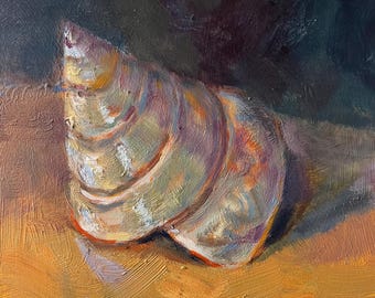 Original Impressionistic Shell Oil Painting: Earth Tones, 6”x6” by Marilyn Eger