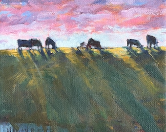 Cow grazing at Sunset Oil Painting, Impressionistic Farmhouse Art, unframed, 6x6, Marilyn Eger
