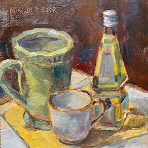 Cup oil painting, still life truffle oil bottle, impressionistic, painting from life, STRADA easel Challenge Marilyn Eger 6x6