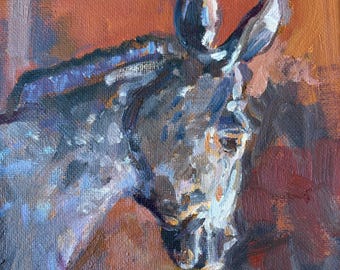 Donkey Oil Painting, Impressionistic Farmhouse Art, unframed, 6x6, Marilyn Eger