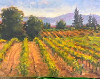 Vineyard Rolling hills backlite Oil Painting: Impressionist California Landscape wall Art, 8”X 16”