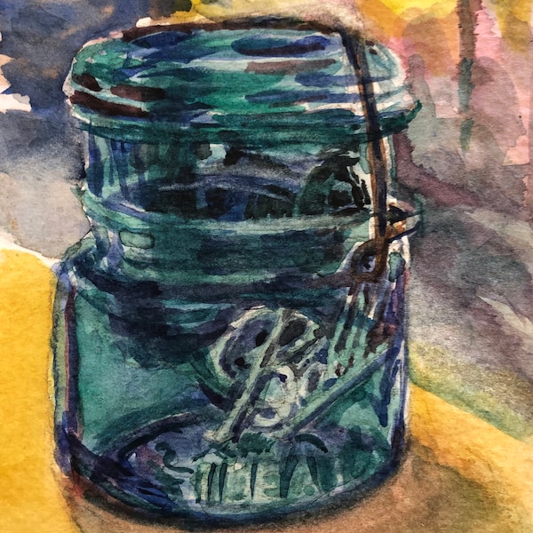 watercolor painting of a Vintage Teal Half Pint Mason Jar, impressionistic stilllife, w/c still life, original watercolor, Ball mason jar