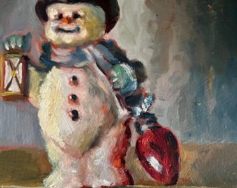 Snowman Oil Painting: Snowman still life from Lenox figurine by Marilyn Eger Winter painting, Christmas oil painting (6" X 6" Unframed)