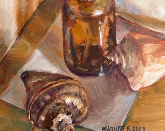 Original Impressionistic Shell with bottle Oil Painting: Earth Tones, 6”x6” by Marilyn Eger