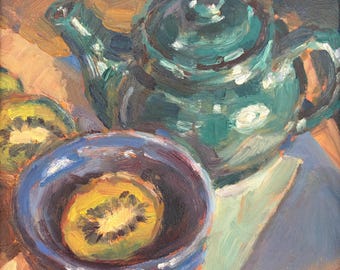 Original Oil Painting, Green Teapot with Kiwi Still Life, Impressionistic Kitchen Art (6x6)
