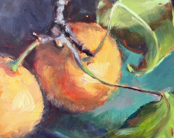 Oil painting still life,  titled “Leaves of the Asian Pear” Still Life Oil Painting, Original Art impressionistic (6x6) Marilyn R. Eger