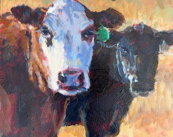 Impressionistic Cow Oil Painting, 6x6 Wrap Stretched Canvas, Marilyn Eger