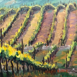 Borden Ranch 4 Vineyard on rolling hills, all original oil painting, vineyard, fine art, rural landscape, oil paint, Marilyn Eger, 6" X 6"