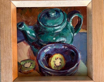 Original Oil Painting, Green Teapot with Kiwi II, Still Life, Impressionistic Kitchen Art (6x6)