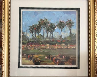 Original palm trees & hay bales Oil Painting, impressionistic painting, Peltier Road, Acampo CA Landscape, Marilyn Eger (5.75" x 5.75")art