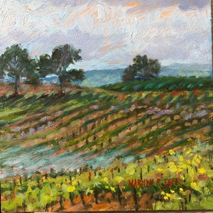 All Original Oil Painting, small art, Borden Ranch 7, Vineyard on rolling hills, vineyard, oak trees, oil paint, Marilyn Eger, 6" X 6"