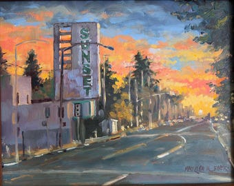 Sunset Theater Oil Painting:Lodi Impressionistic Landscape 8x10 Framed