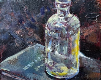 Antique Bottle Still Life Oil Painting: Textured Impressionist Art (6x6)
