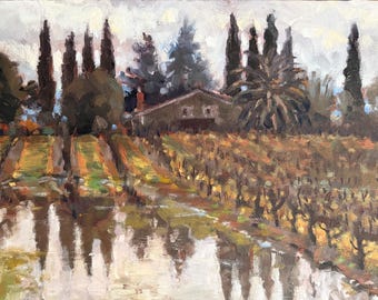 Vineyard and Italian Cypress Oil Painting: Impressionist California Landscape wall Art, 9” X 12"