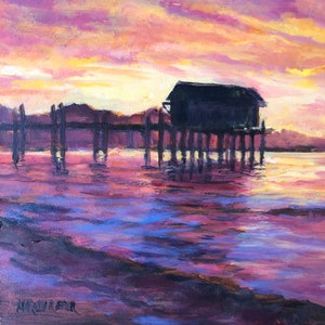 Lake Tahoe oil painting, Lake Tahoe Sunset w Boathouse on the pier, all original Lake Tahoe landscape, oil paint Marilyn Eger 6&quot; X 6&quot;
