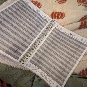 May include: A gray and white spiral bound notebook with a list of herbs and their uses. The notebook has a gray background with white text and a black and white illustration of a hand holding a sprig of herbs.