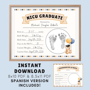 Certificado de graduación de la UCIN con forma de osito de peluche, ESPAÑOL incluido, recuerdo de huella de mano de la UCIN, graduación de la unidad de cuidados intensivos neonatales