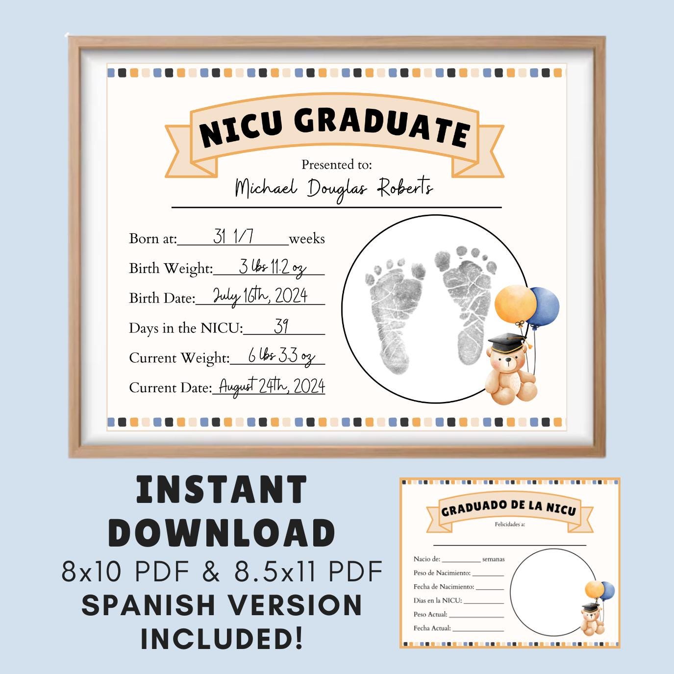 NICU Teddy Bear Graduation Diploma Certificate, SPANISH Included, NICU Footprint Handprint Keepsake, Neonatal Intensive Care Unit Graduation