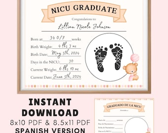 NICU Girl Teddy Bear Graduation Diploma Certificate, SPANISH Included, NICU Footprint Handprint Keepsake, Neonatal Intensive Care Unit