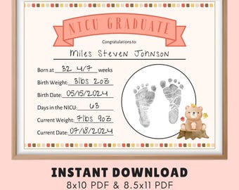 NICU Bear Graduation Diploma Certificate, SPANISH Included, NICU Footprint Handprint Keepsake, Neonatal Intensive Care Unit Graduation