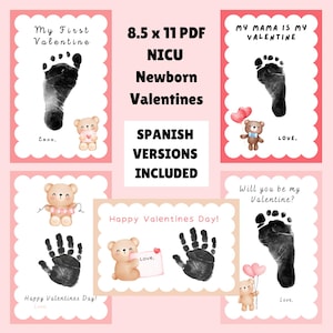 May include: Set of printable Valentine's Day cards featuring hand and footprint outlines with cute teddy bears and the text "My First Valentine", "My Mama is My Valentine", "Will you be my Valentine?" and "Happy Valentines Day!" in pink and black.