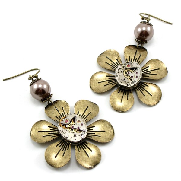 SALE Was 35.00 - Steampunk Earrings - Mechanical Flowers - UNIQUE Steampunk Design with Watch Movement Centers and Mauve Pearl Accent