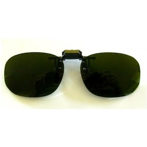 Puede incluir: Un par de gafas de sol de clip negras con lentes verde oscuro.