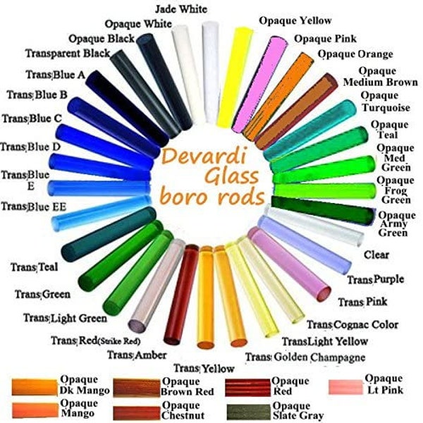 5 lbs Devardi Glass Boro Rods, COE 33, Mixed Colors, borosilicate solid glass rods