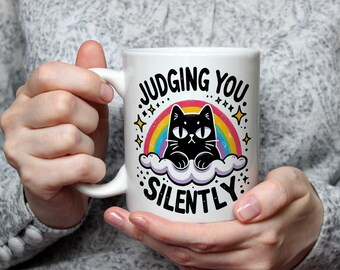 Judging You Silently Mug Funny Cat Mug Rainbow Cloud Cute Sarcastic Gift for Cat Lovers Rude Cat Humour Coffee Cup Present Crazy Cat Lady